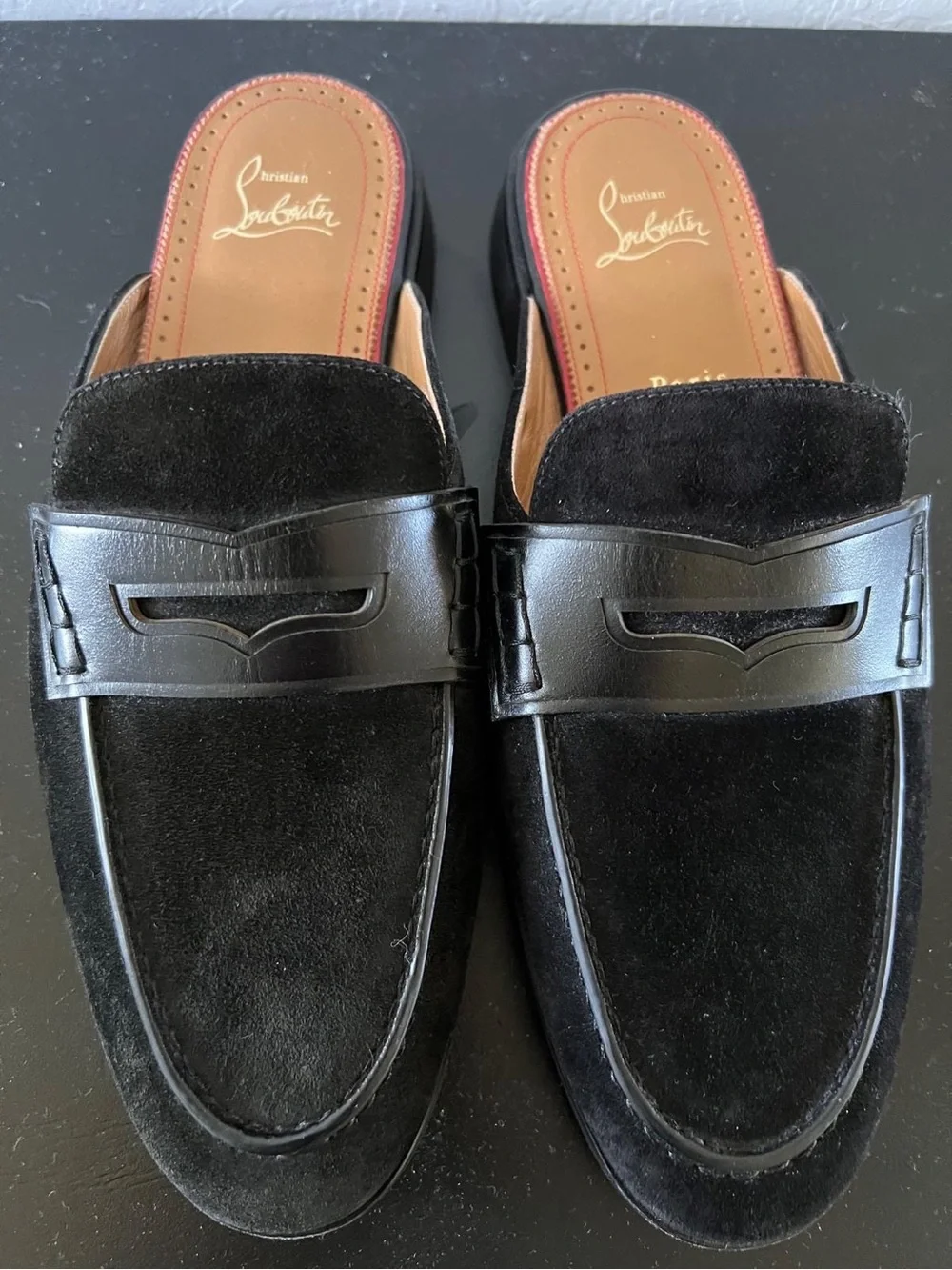 Christian Louboutin Black Suede & Leather Slide Loafers